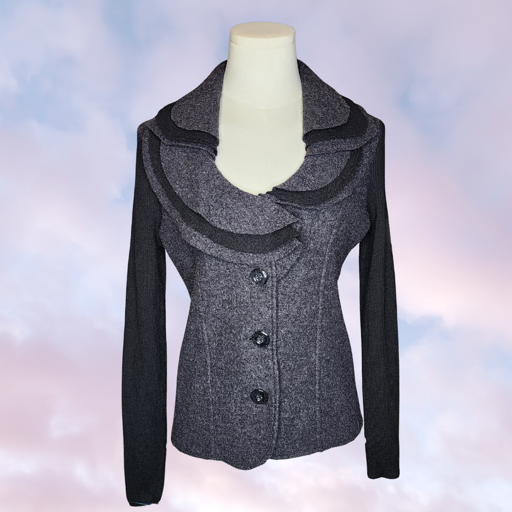 Y2k Alfani Gray Black Merino Wool Goth Button Up Long Sleeve Ruffle Collar Sz S